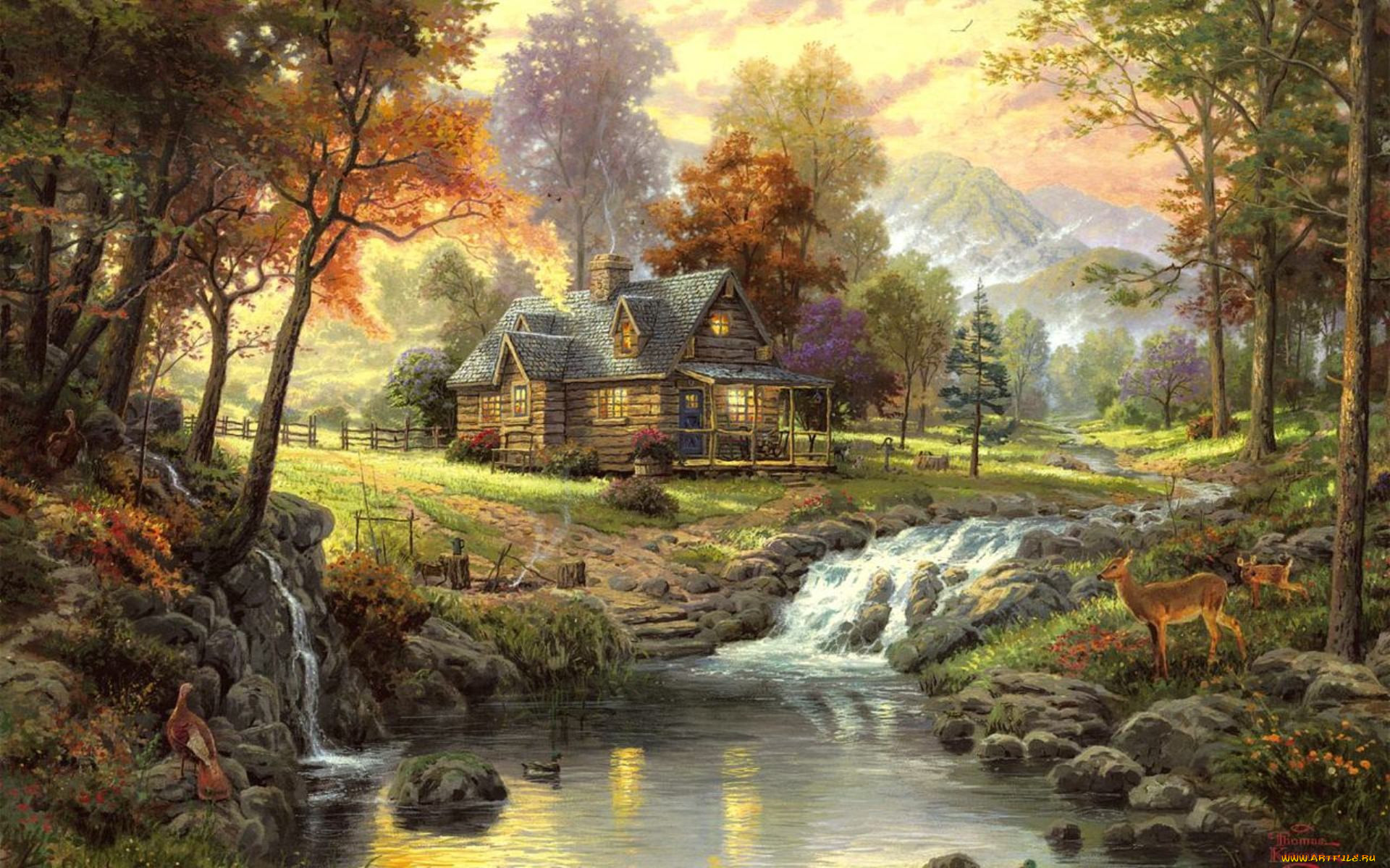 Обои Thomas Kinkade Рисованное Thomas Kinkade, обои для рабочего стола,  фотографии thomas, kinkade, рисованные, озеро, река, пейзаж, деревья,  олени, дом, горы, утки Обои для рабочего стола, скачать обои картинки  заставки на рабочий